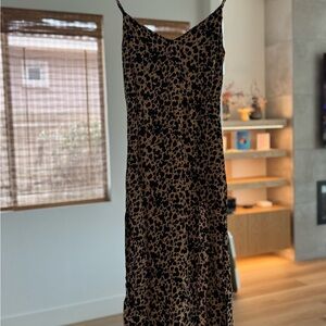 Reformation Black and Tan Leopard Midi Dress with Spaghetti Straps